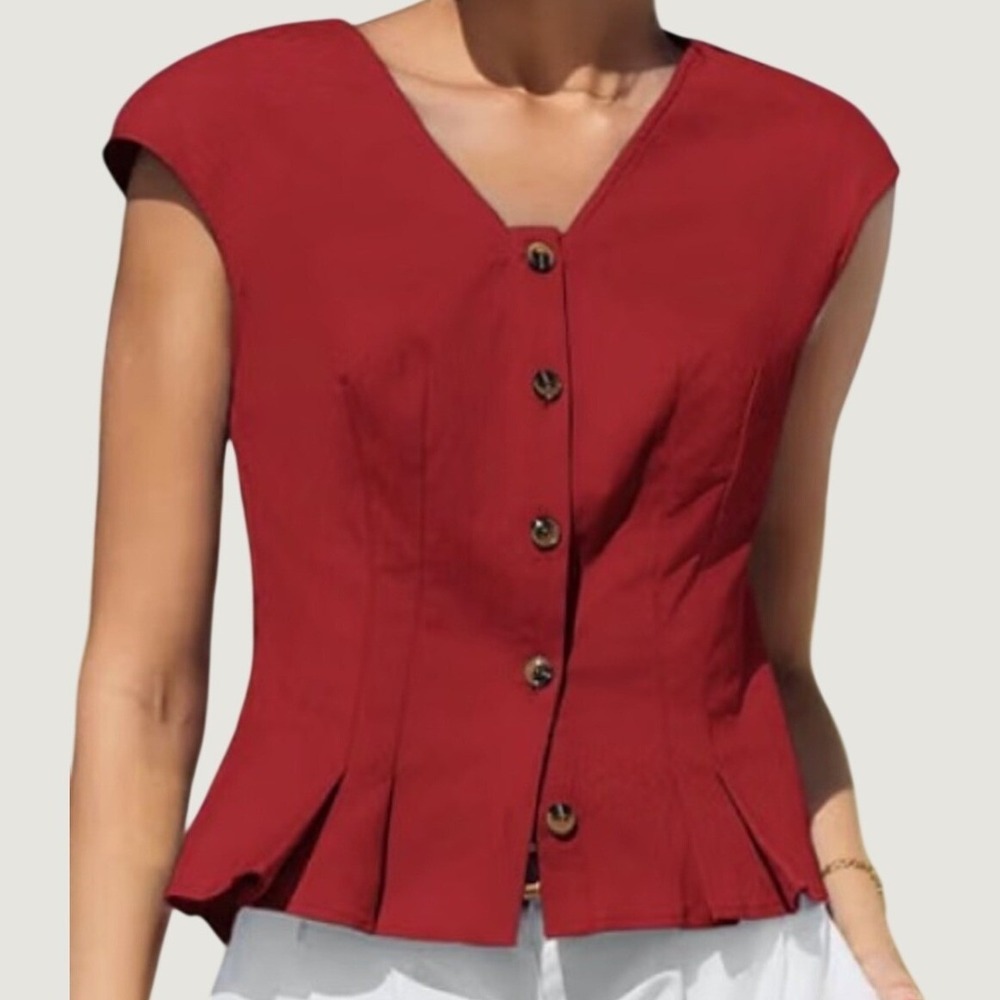 Kate Kasin Womens XL Red Cropped Button Front Peplum Vest Top Cap Sleeve NWT